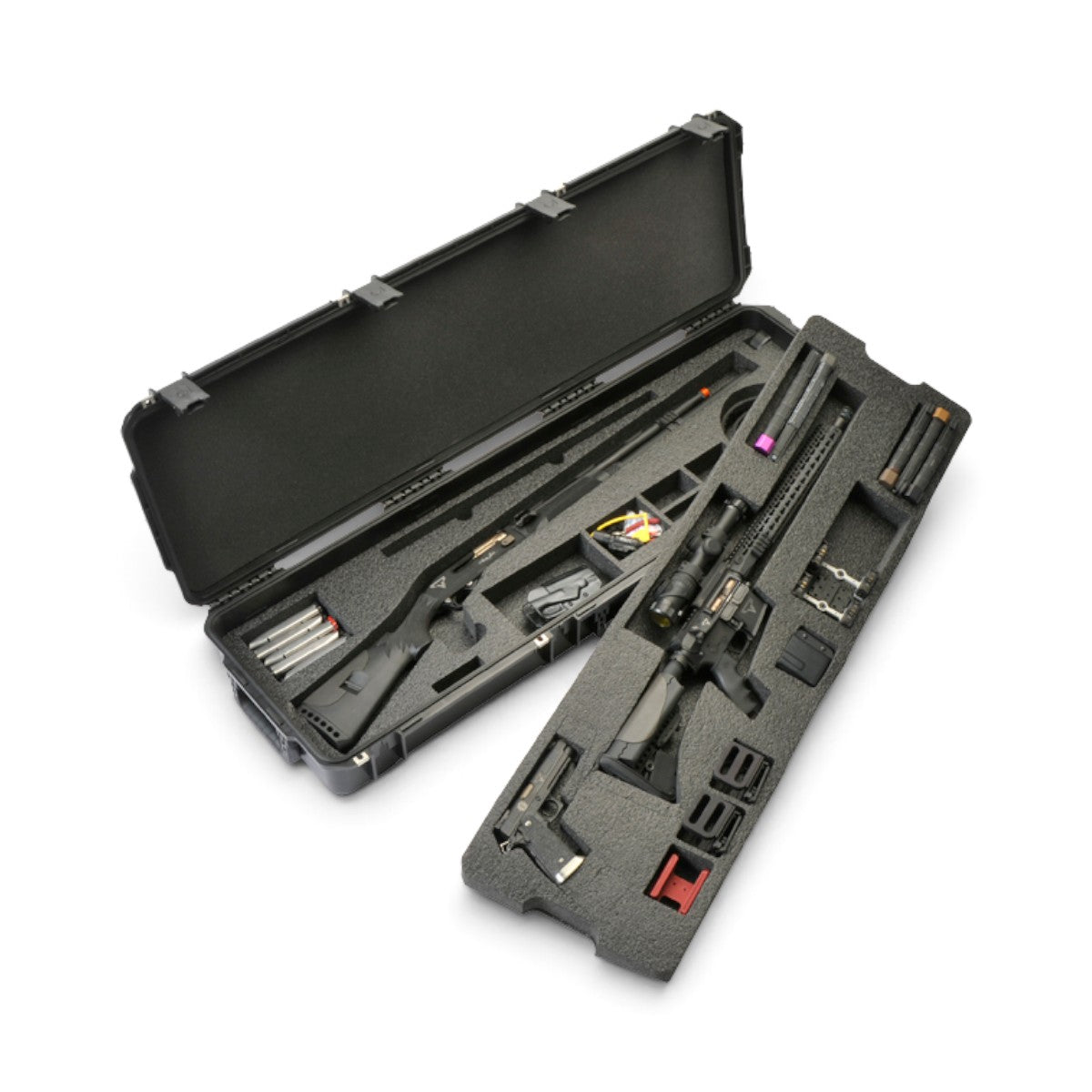 SKB Cases iSeries 3-gun competition case with custom foam interior holding a rifle, shotgun, and pistol.