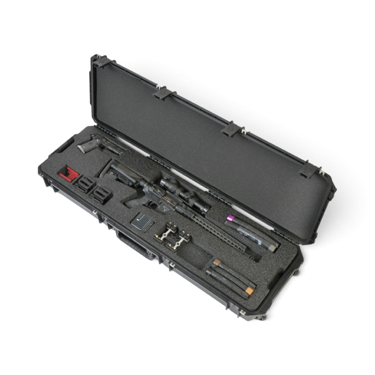 SKB Cases iSeries 3-gun competition case with custom foam interior holding a rifle, shotgun, and accessories.