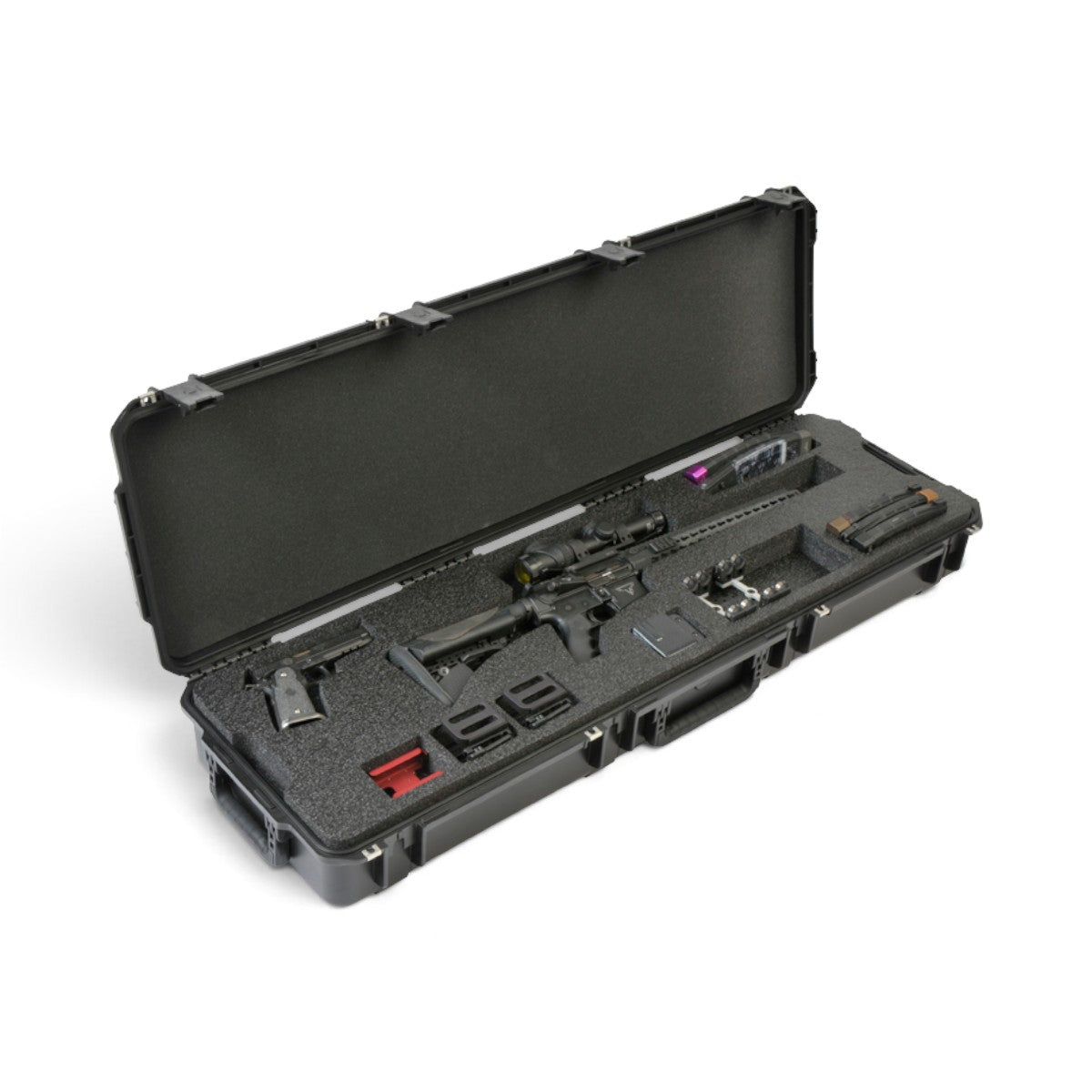 SKB Cases iSeries 3-gun competition case in black with custom foam interior holding a rifle, pistol, and accessories.