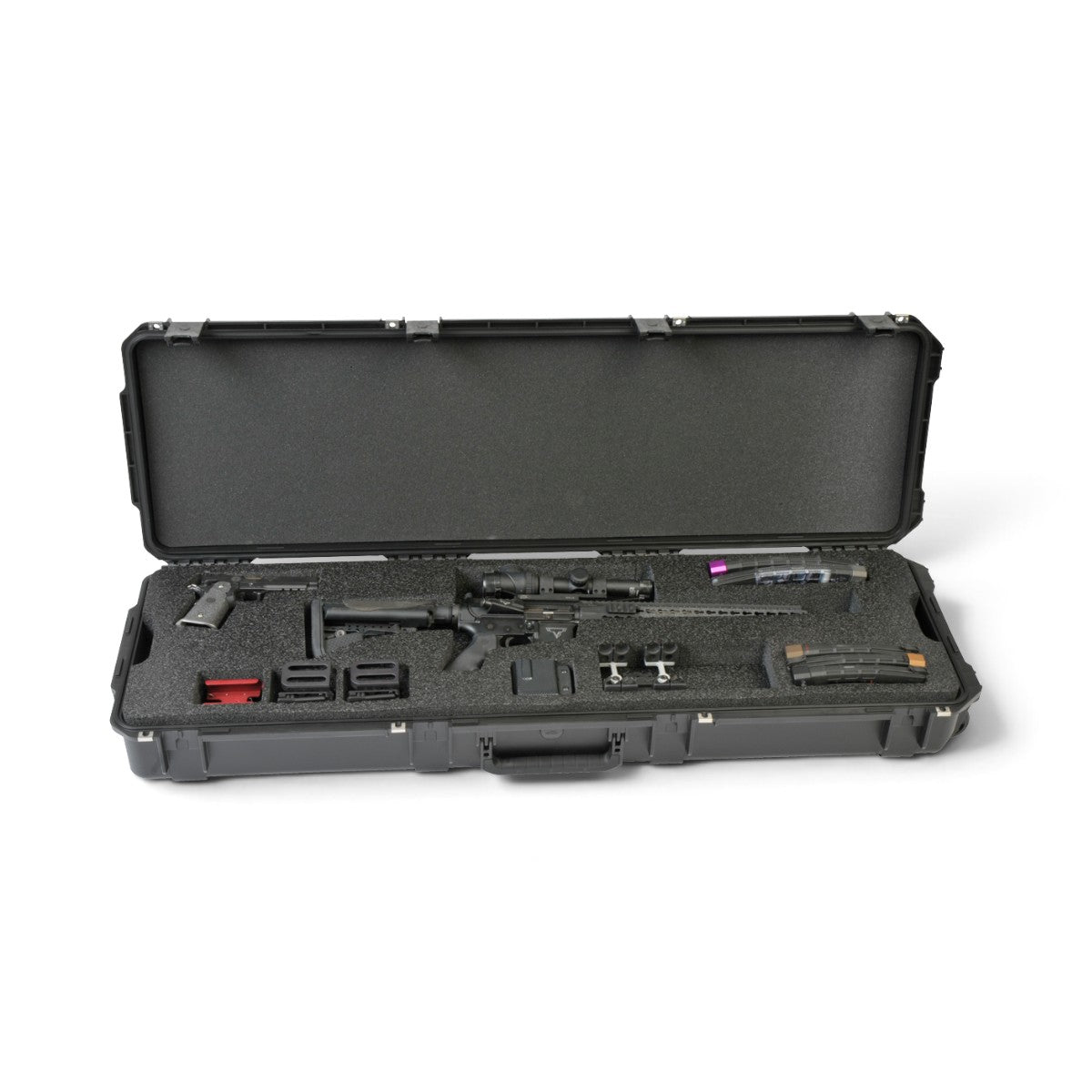 SKB Cases iSeries 3-gun competition case with custom foam interior holding a rifle, pistol, and shooting accessories.