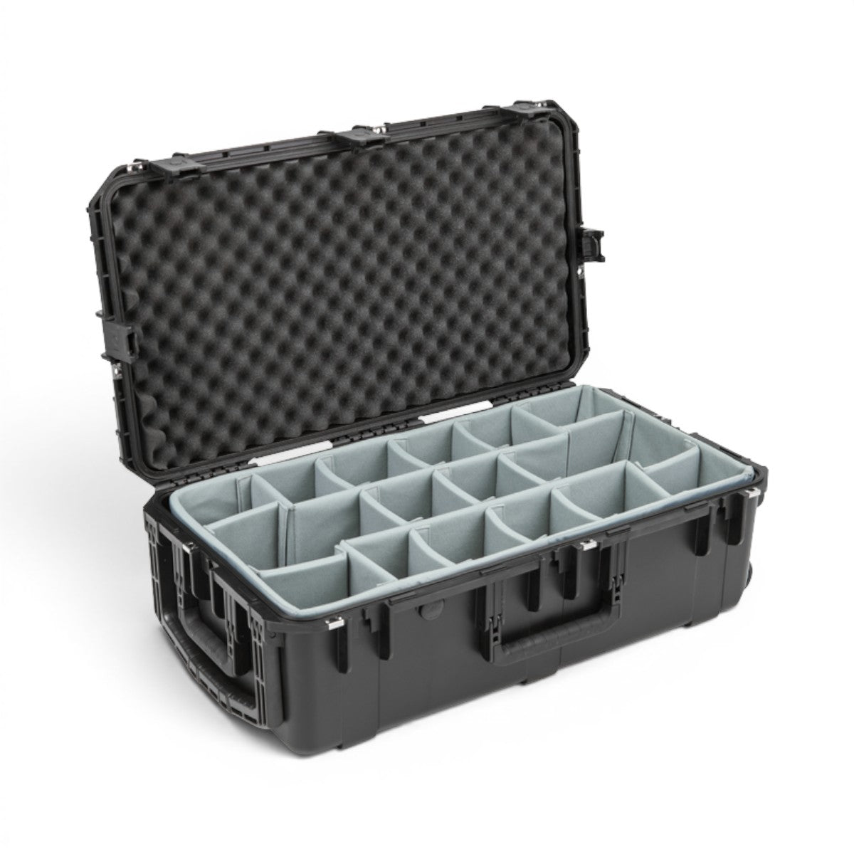SKB Cases iSeries 3016-10 waterproof hard case in black with open lid, egg-crate foam, and grey padded dividers.