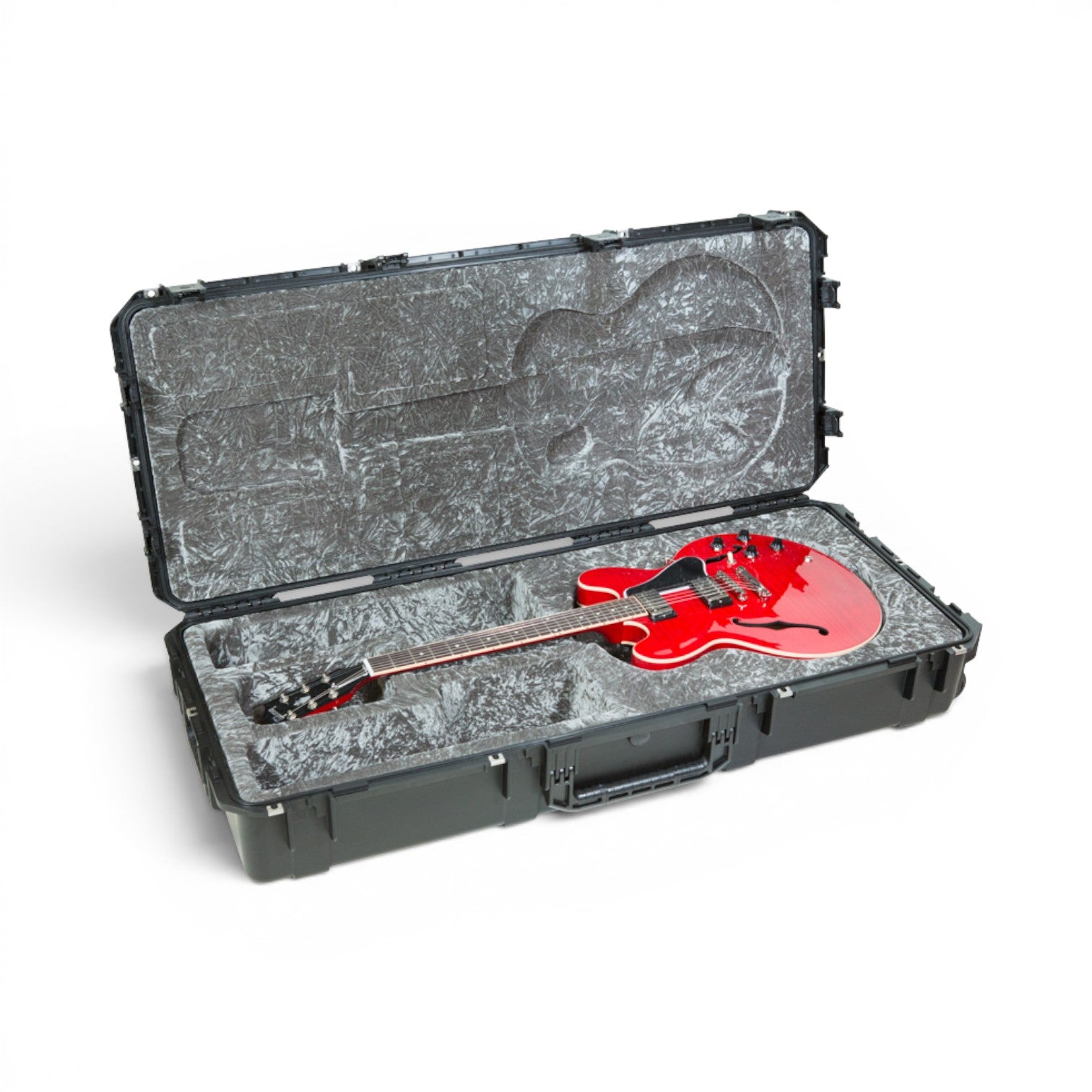 SKB Cases iSeries waterproof flight case containing a red semi-hollow 335 guitar with a platinum plush interior.