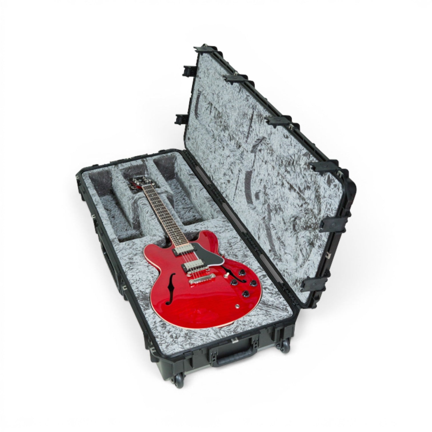 SKB Cases iSeries waterproof flight case for 335 semi-hollow guitars with platinum plush interior and TSA latches