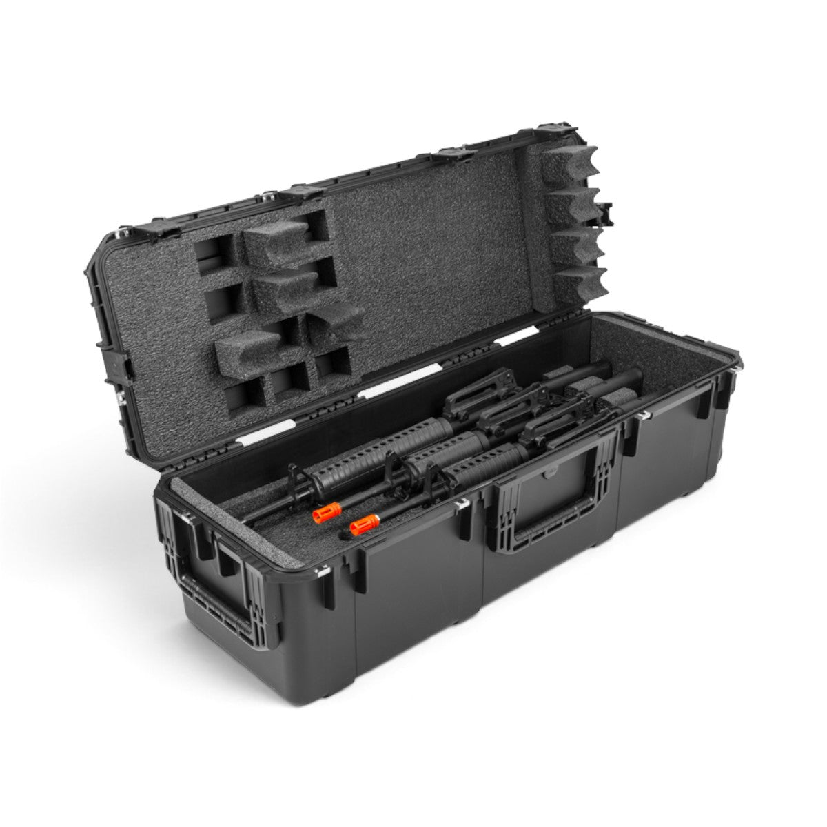 SKB Cases iSeries 4 rifle locker in black with pre-cut foam interior holding four M4/M16 rifles for secure transport.