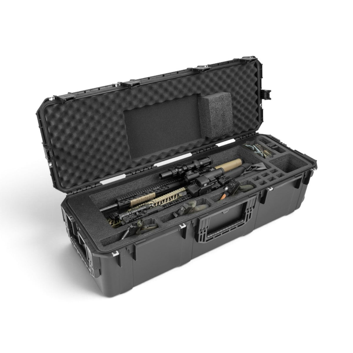 SKB Cases iSeries 4213 waterproof hard case with foam interior holding an AR rifle and handgun accessories
