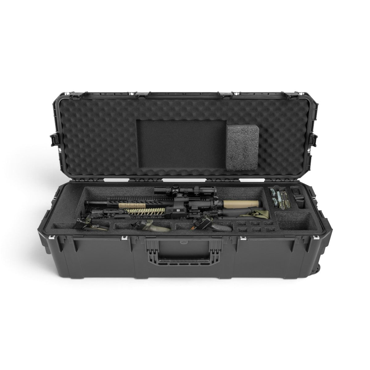 SKB Cases iSeries 4213 waterproof hard case with foam interior holding an AR rifle and accessories