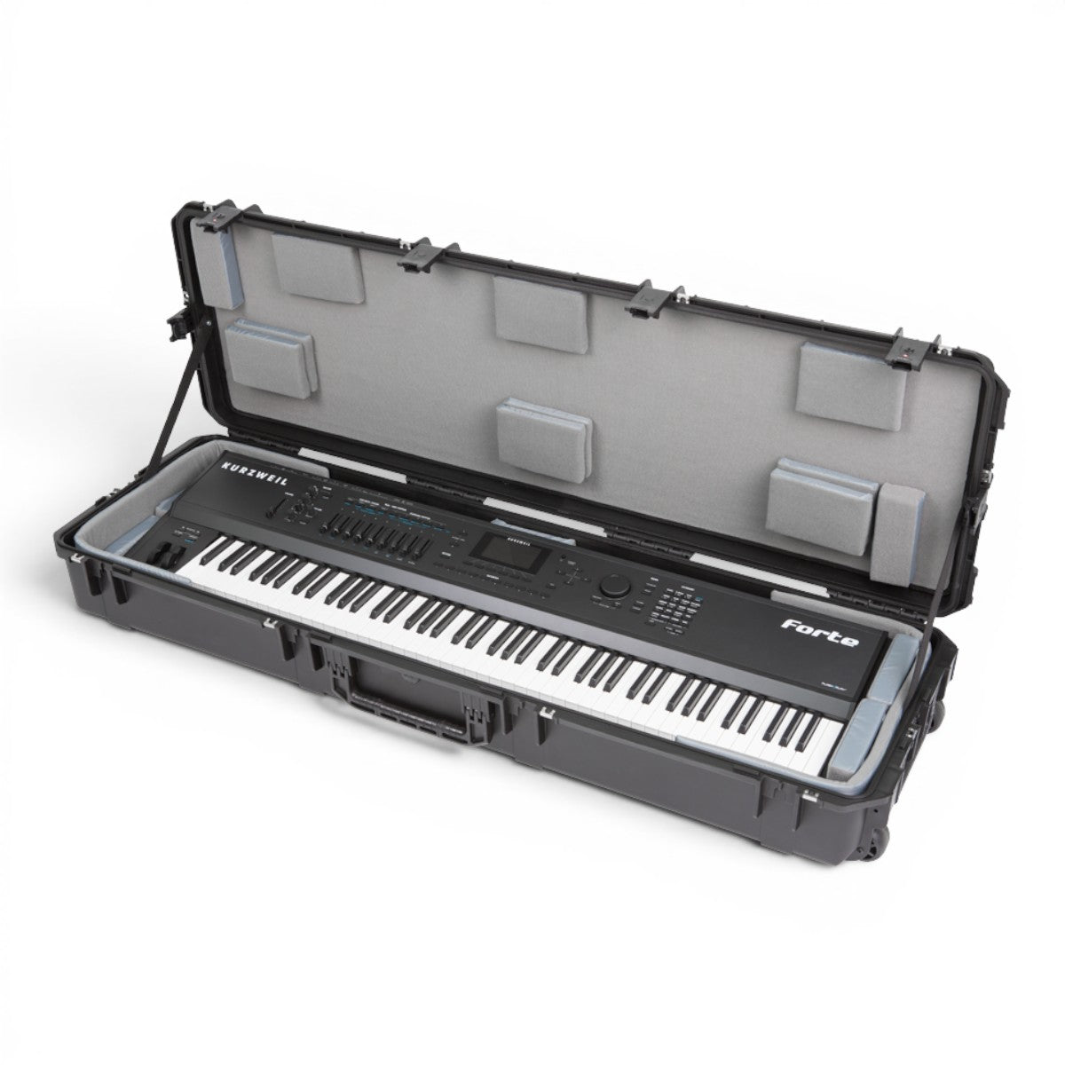 SKB Cases iSeries 88-note keyboard case with a Kurzweil Forte inside, featuring customizable grey foam interior padding.