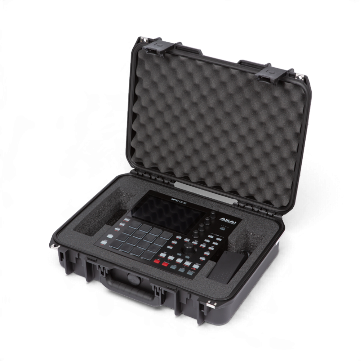 SKB Cases iSeries waterproof hard case with custom foam interior holding an AKAI MPC One sampler and power supply