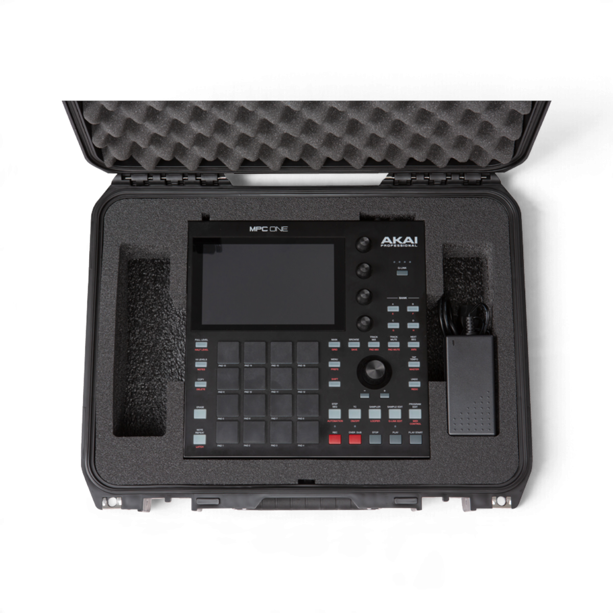SKB Cases iSeries waterproof hard case with custom foam interior holding an AKAI MPC One sampler and power supply