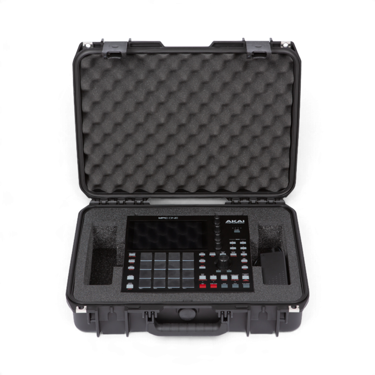 SKB Cases iSeries waterproof hard case with custom foam interior holding an AKAI MPC One sampler and power supply.