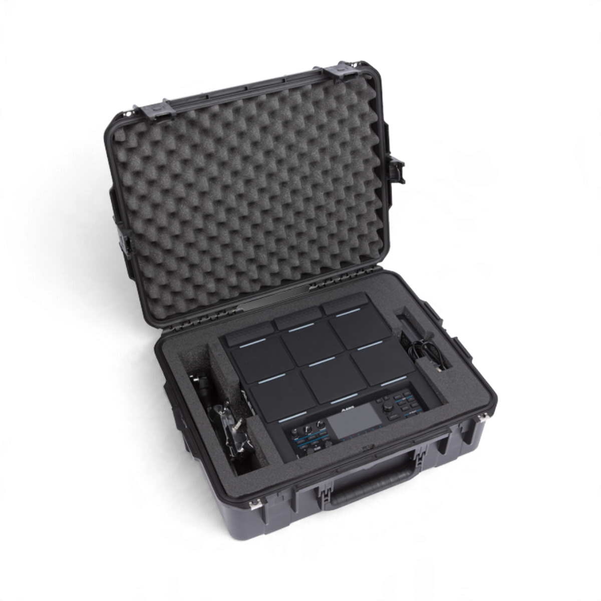 SKB Cases iSeries waterproof hard case containing an Alesis Strike Multipad with custom foam interior and accessories.