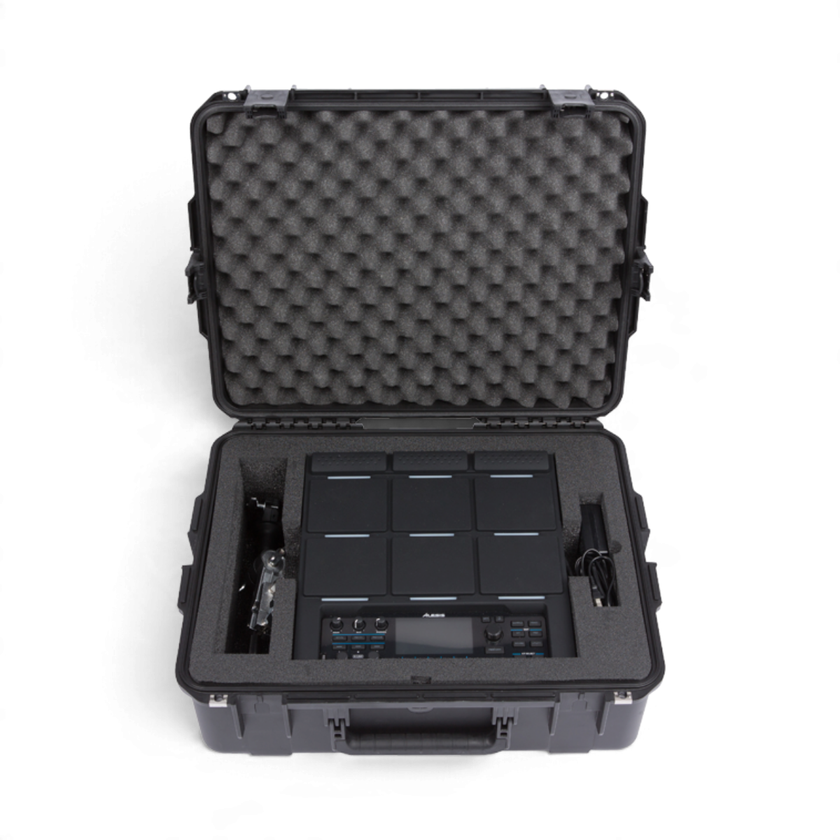 SKB Cases iSeries waterproof hard case for Alesis Strike Multipad with custom foam interior and accessory storage.