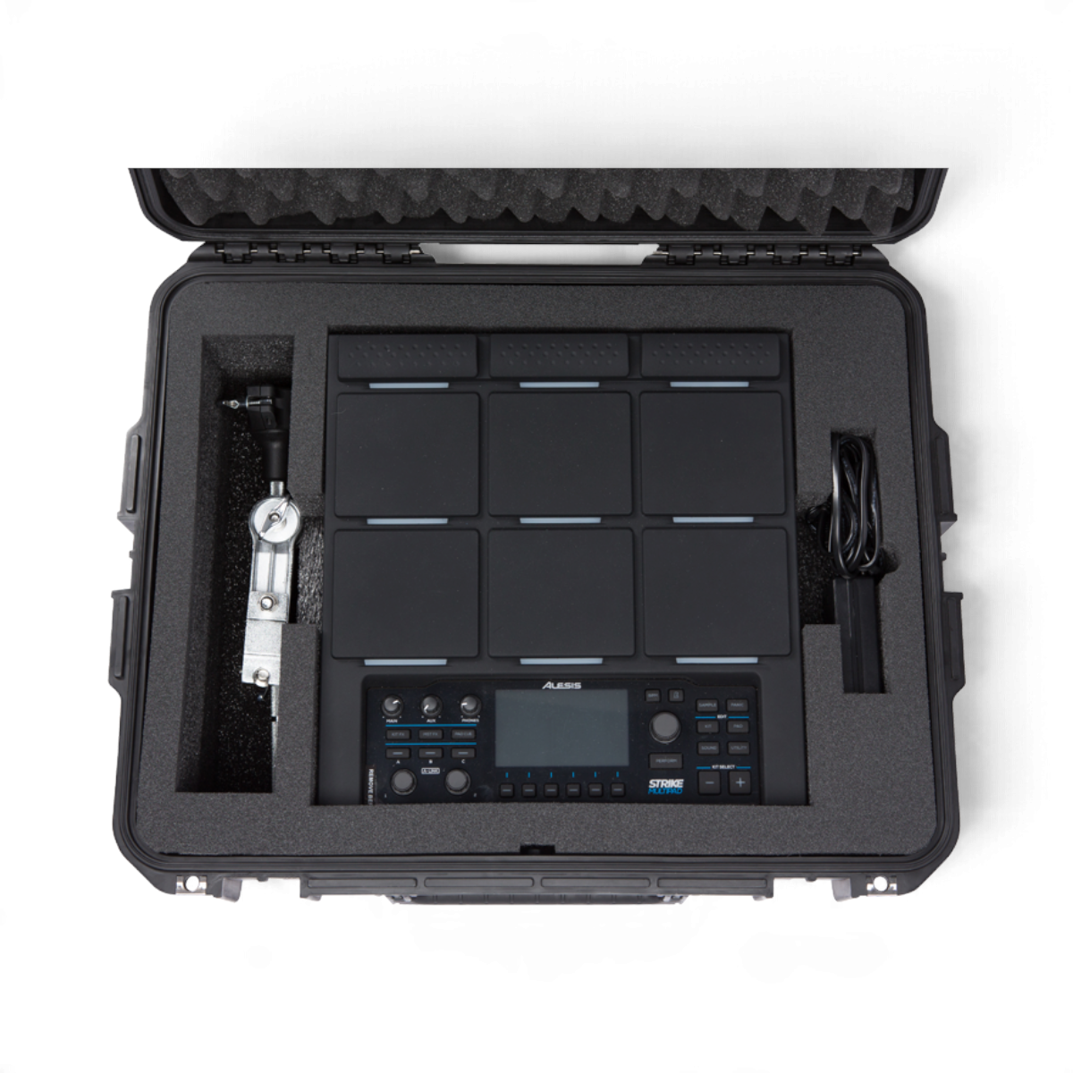 SKB Cases iSeries waterproof hard case containing an Alesis Strike Multipad with foam inserts and accessory storage.