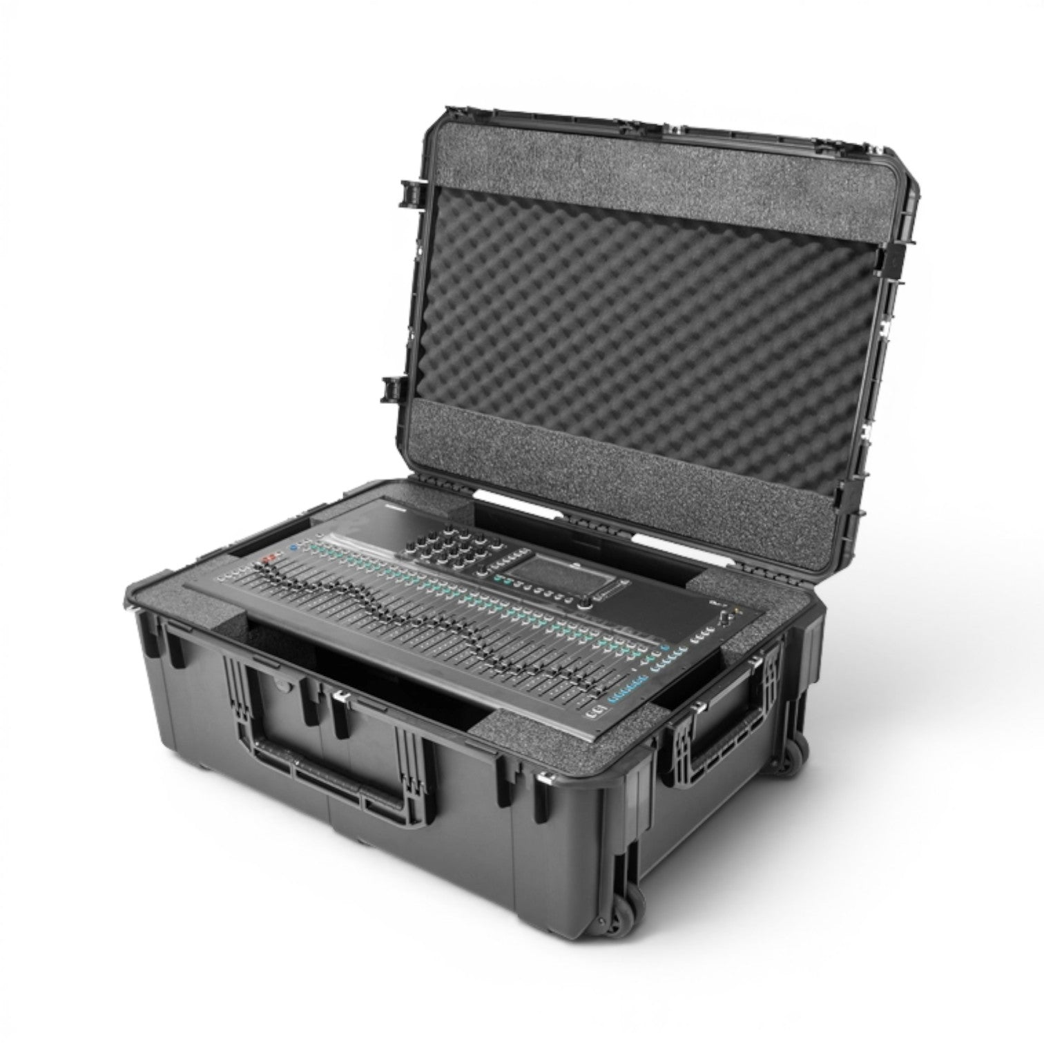 SKB Cases iSeries waterproof mixer case with foam interior holding an Allen & Heath Qu-7 digital audio mixer.