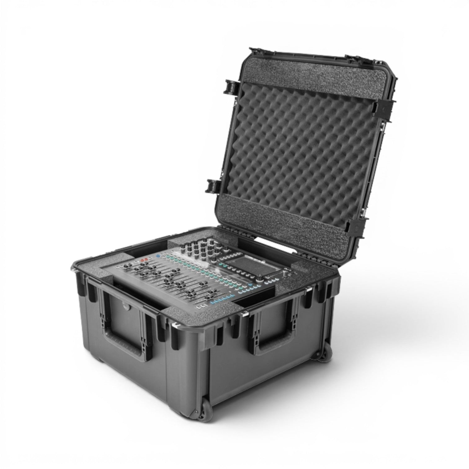 SKB Cases iSeries waterproof mixer case with foam interior holding an Allen & Heath Qu-5 digital mixer