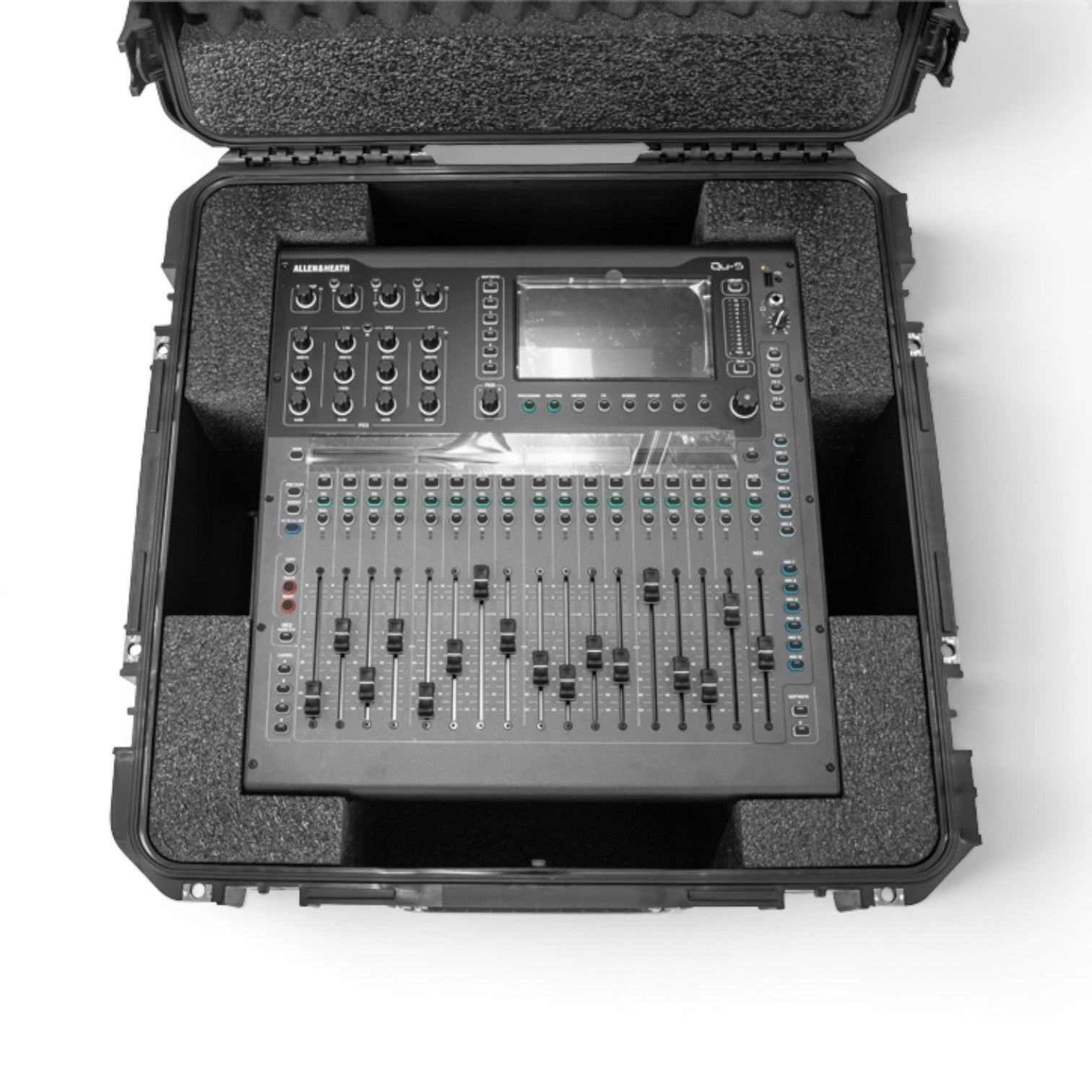 SKB Cases iSeries waterproof hard case with custom foam interior holding an Allen & Heath Qu-5 digital mixer