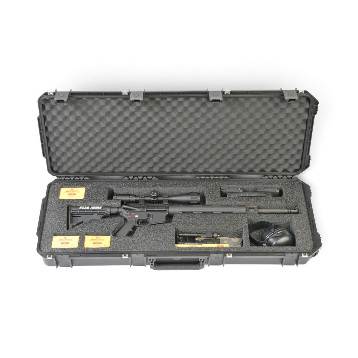 SKB Cases iSeries 4214-5 waterproof rifle case with custom foam interior holding an AR rifle and accessories