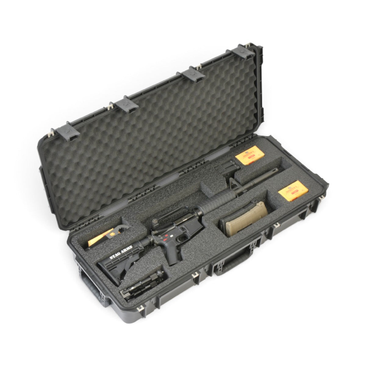 SKB Cases iSeries 3614-6 waterproof AR rifle case with custom-cut foam interior holding a rifle and accessories