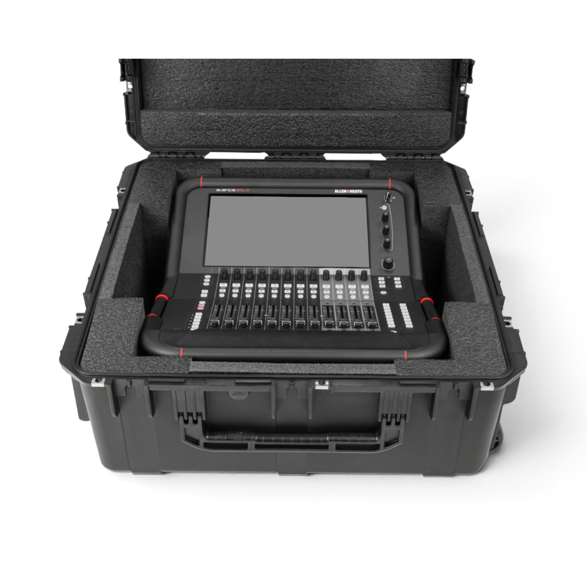 SKB Cases iSeries 2828-12 waterproof hard case with custom foam interior holding an Allen & Heath Avantis Solo mixer