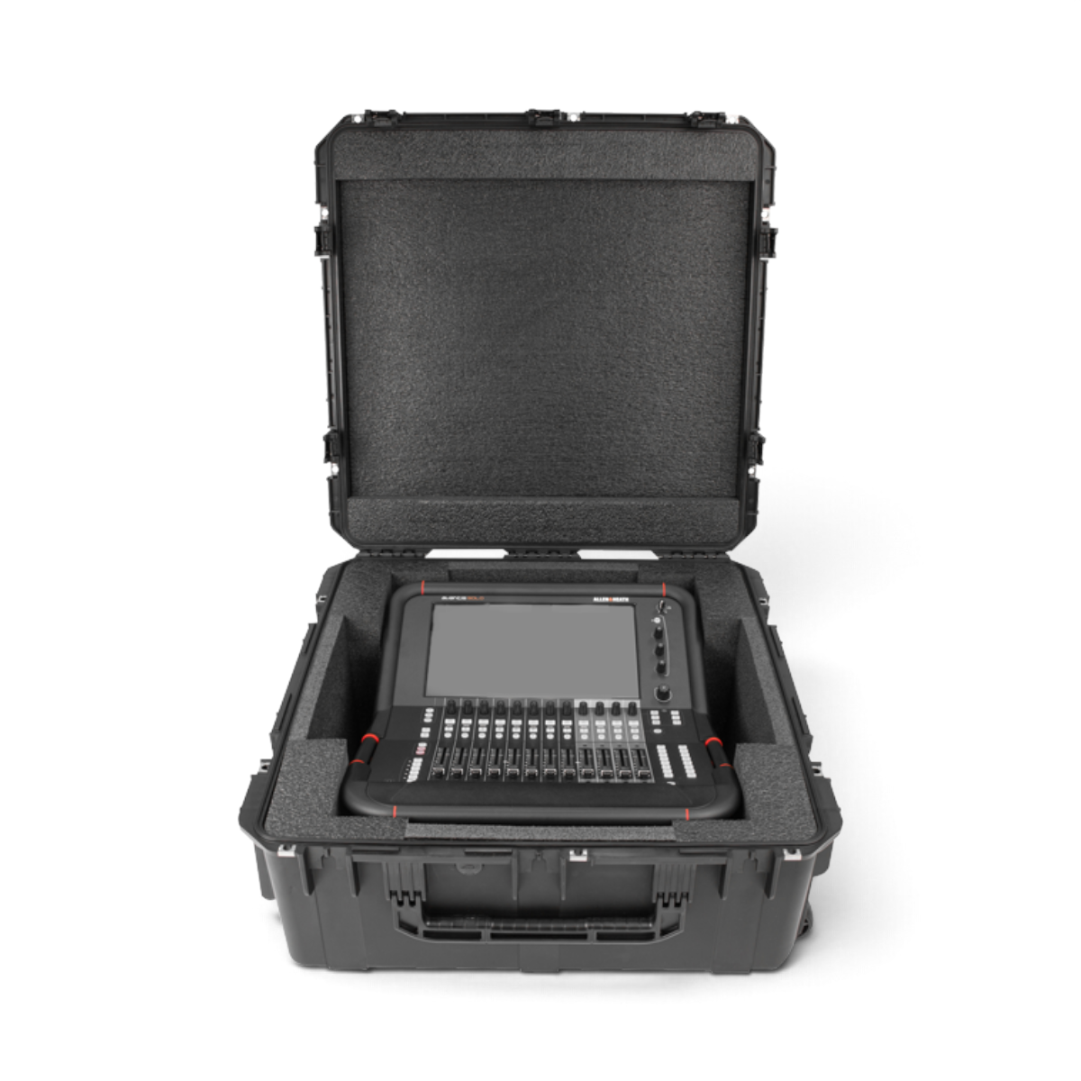 SKB Cases iSeries 2828-12 waterproof hard case with custom foam interior holding an Allen & Heath Avantis Solo mixer.