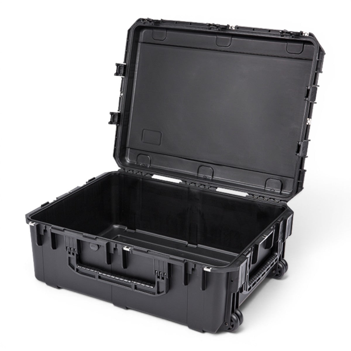SKB Cases iSeries 2922-10 black waterproof injection molded hard case with open lid and wheels.