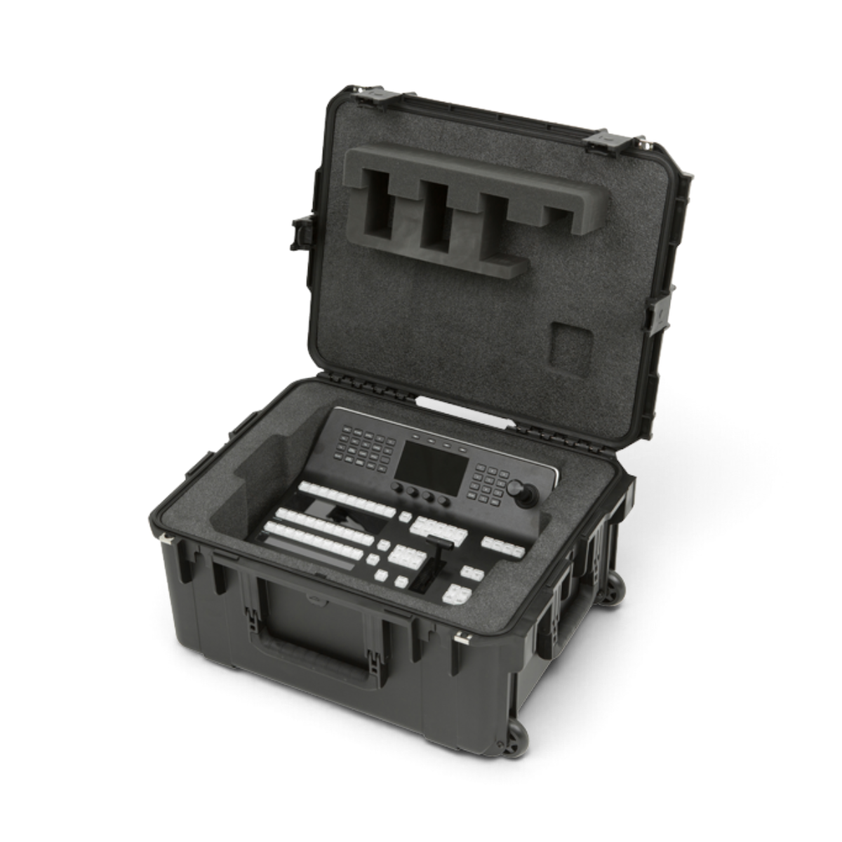 SKB Cases iSeries waterproof hard case with custom foam interior holding a Blackmagic Design control panel.