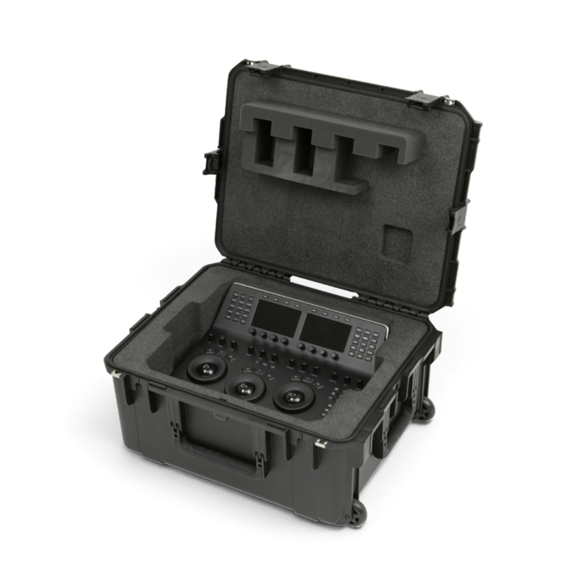 SKB Cases iSeries waterproof hard case with custom foam interior holding a Blackmagic Design DaVinci Resolve panel.