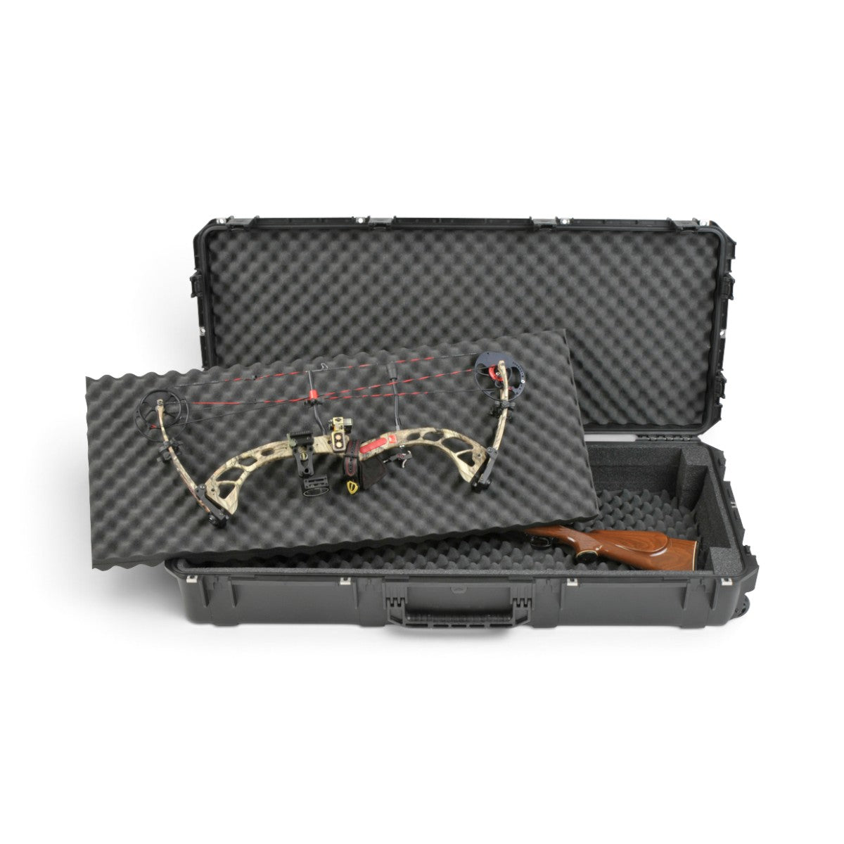 SKB Cases iSeries 4719-8 waterproof hard case with foam interior holding a compound bow and rifle