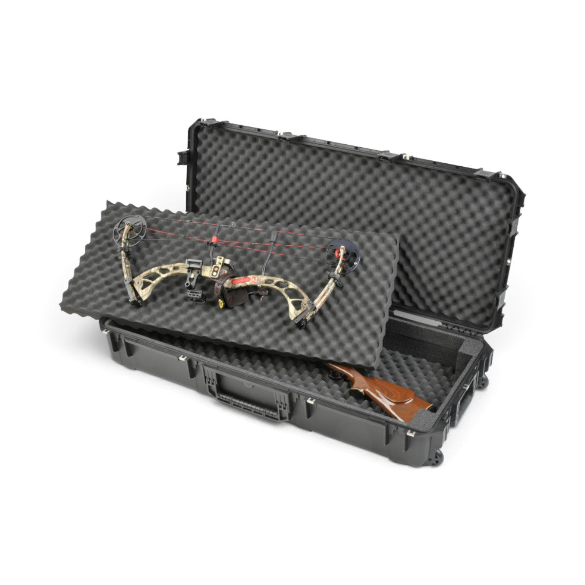SKB Cases iSeries 4719-8 waterproof hard case with foam interior holding a compound bow and rifle