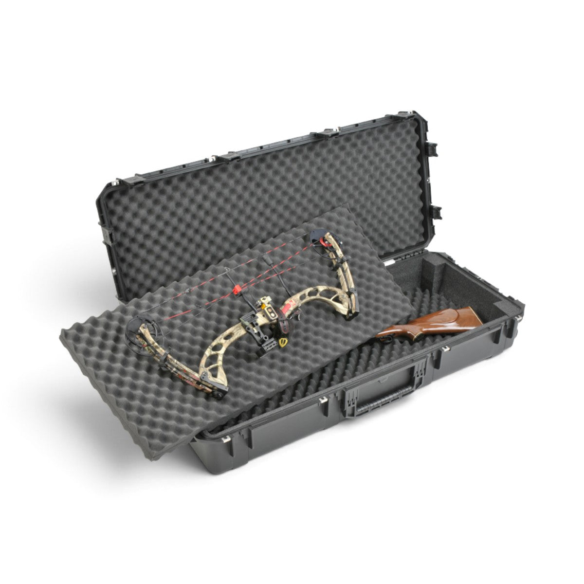 SKB Cases iSeries 4719-8 waterproof hard case with foam interior holding a compound bow and rifle