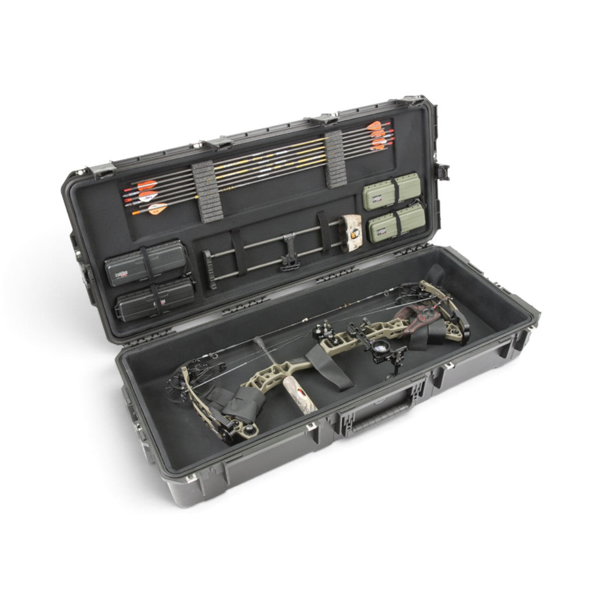 SKB Cases iSeries Bowtech REV2 waterproof bow case with plush interior, holding a compound bow, arrows, and accessories