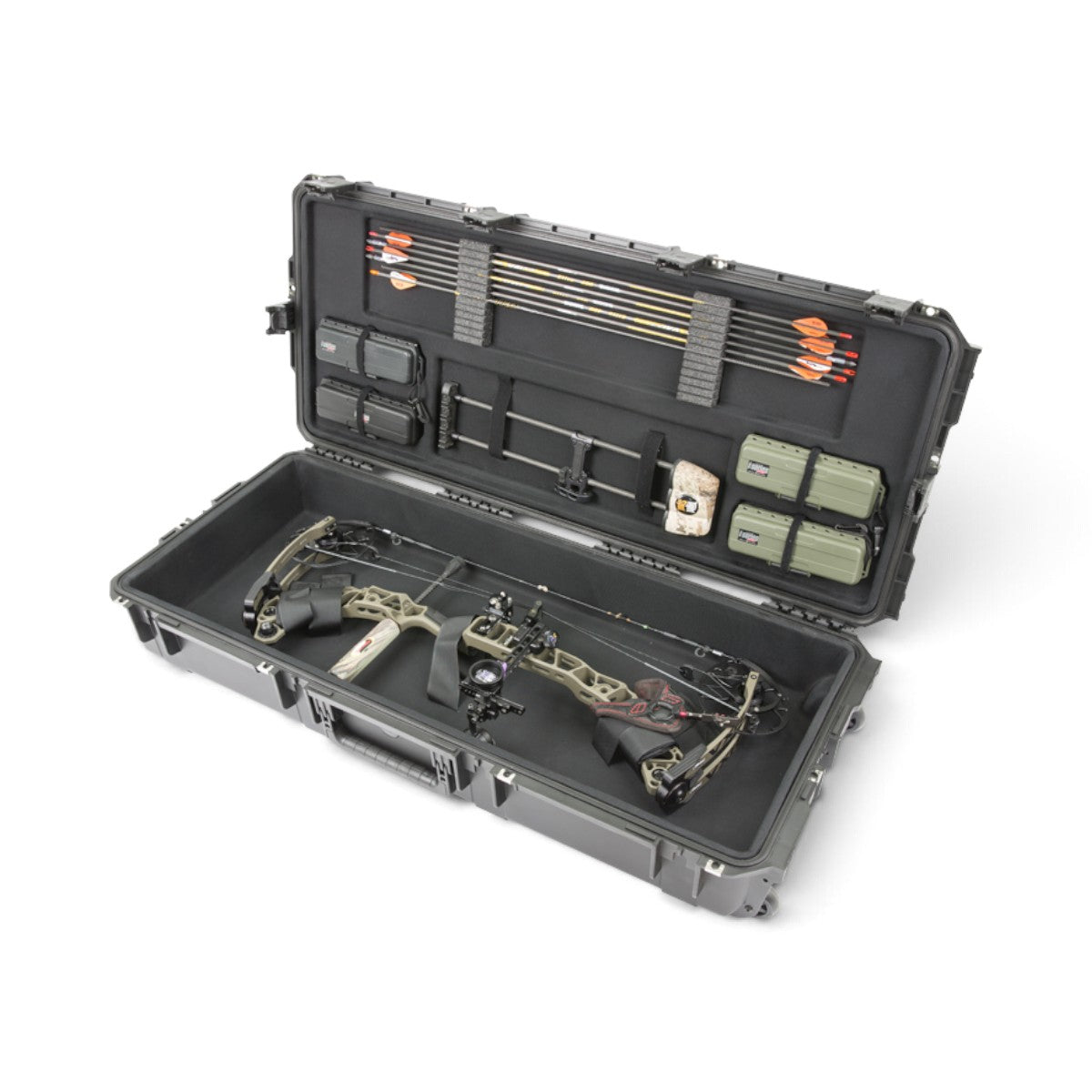 SKB Cases iSeries Bowtech REV2 waterproof bow case with plush interior, arrow storage, and compound bow inside.