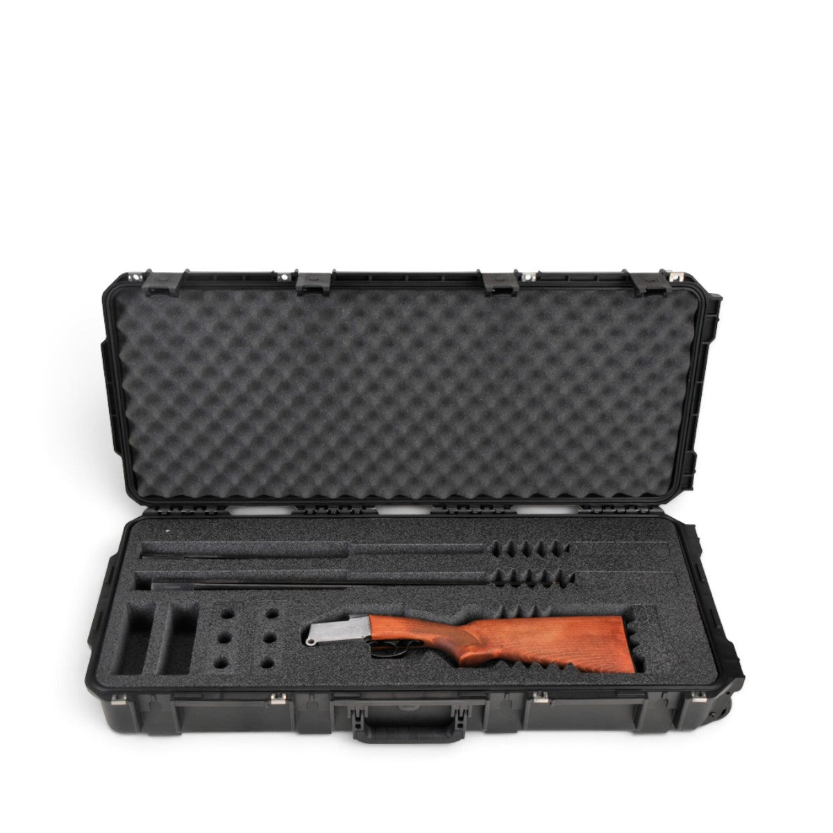 SKB Cases iSeries 3614-6 black waterproof breakdown shotgun case with custom foam interior and wooden stock firearm