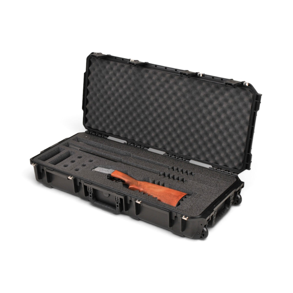 SKB Cases iSeries 3614-6 black waterproof breakdown shotgun case with custom foam interior and wooden firearm stock
