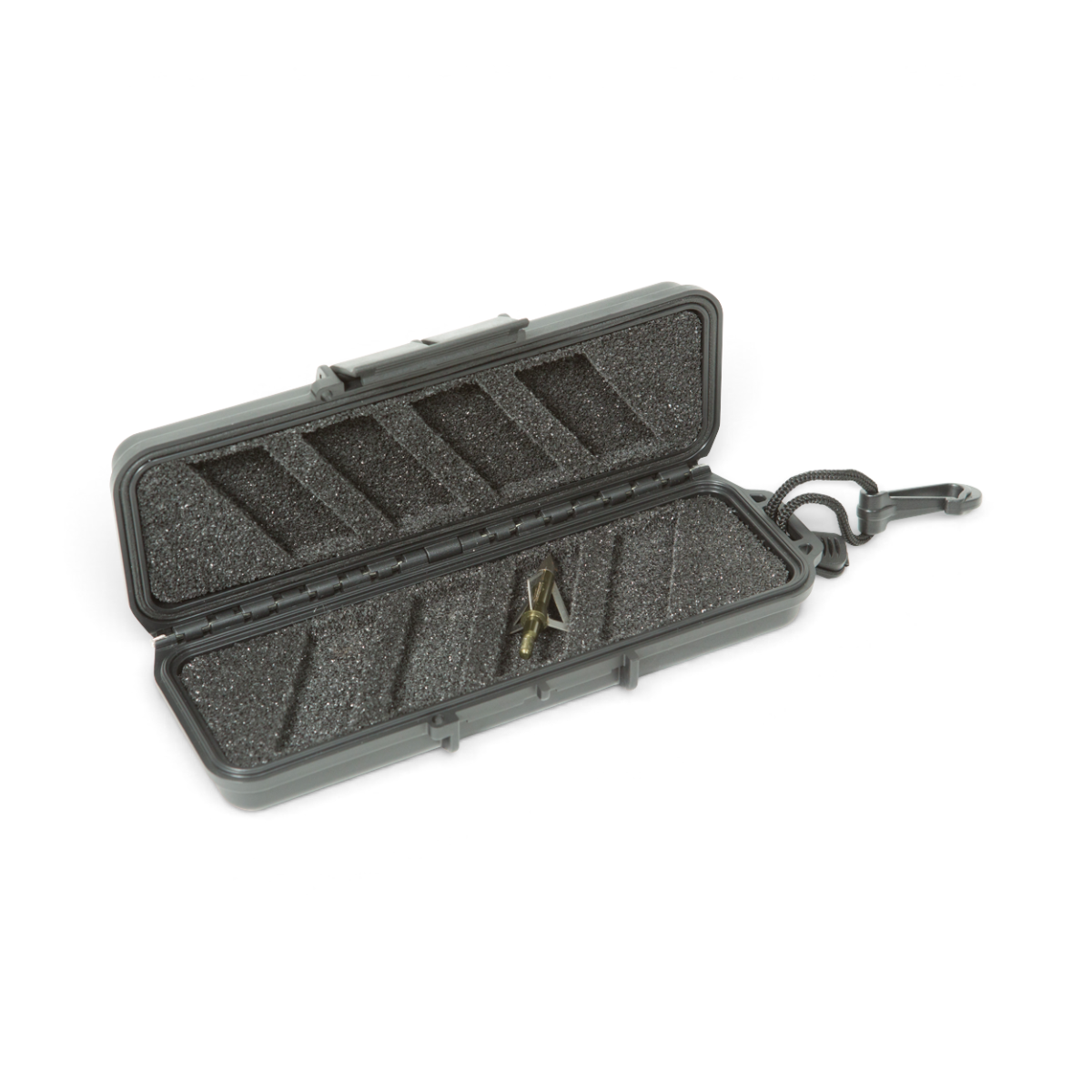 SKB Cases iSeries 0702-1 waterproof broadhead case in black with interior foam inserts and one broadhead stored.