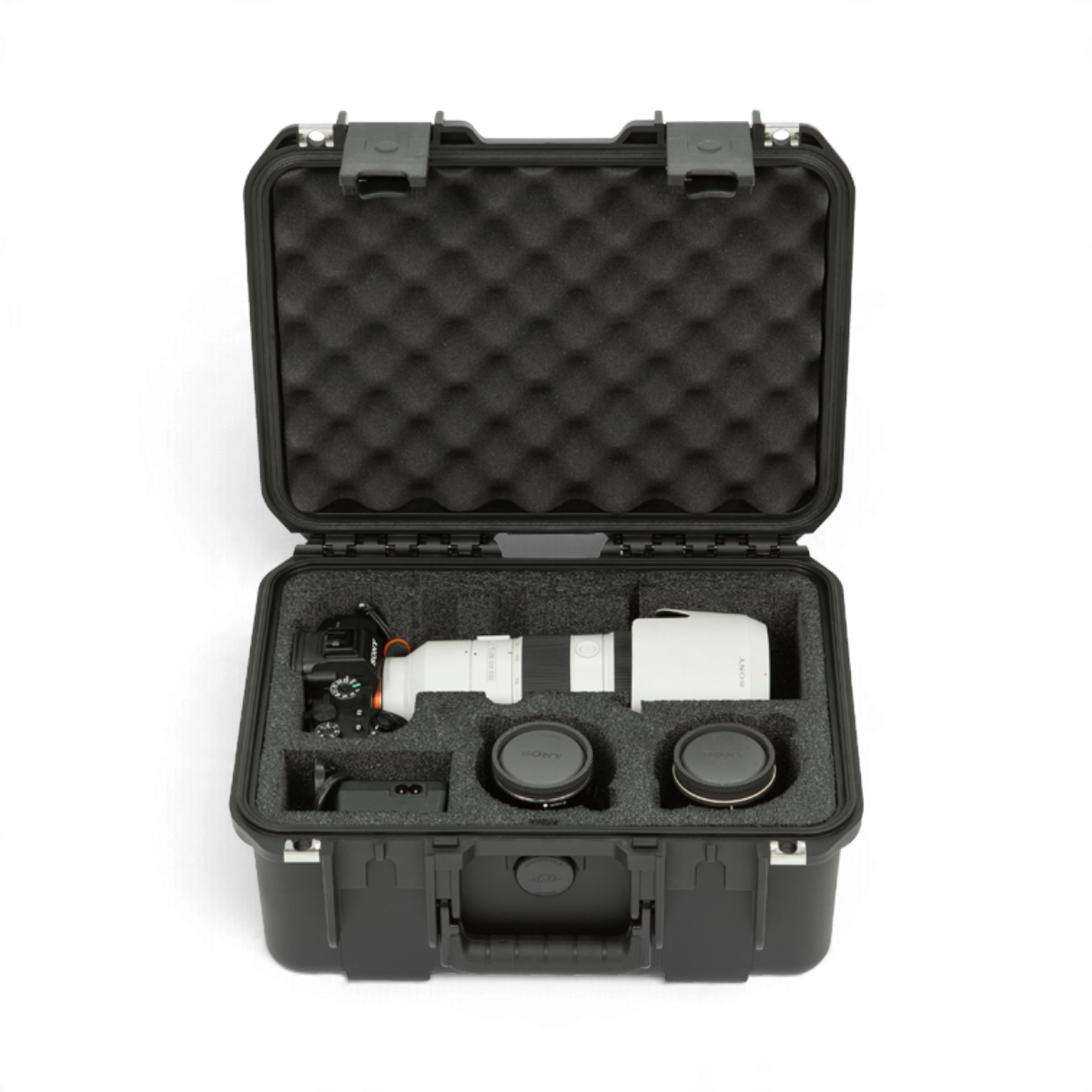 SKB Cases iSeries waterproof hard case with custom foam interior holding a Sony camera and lenses