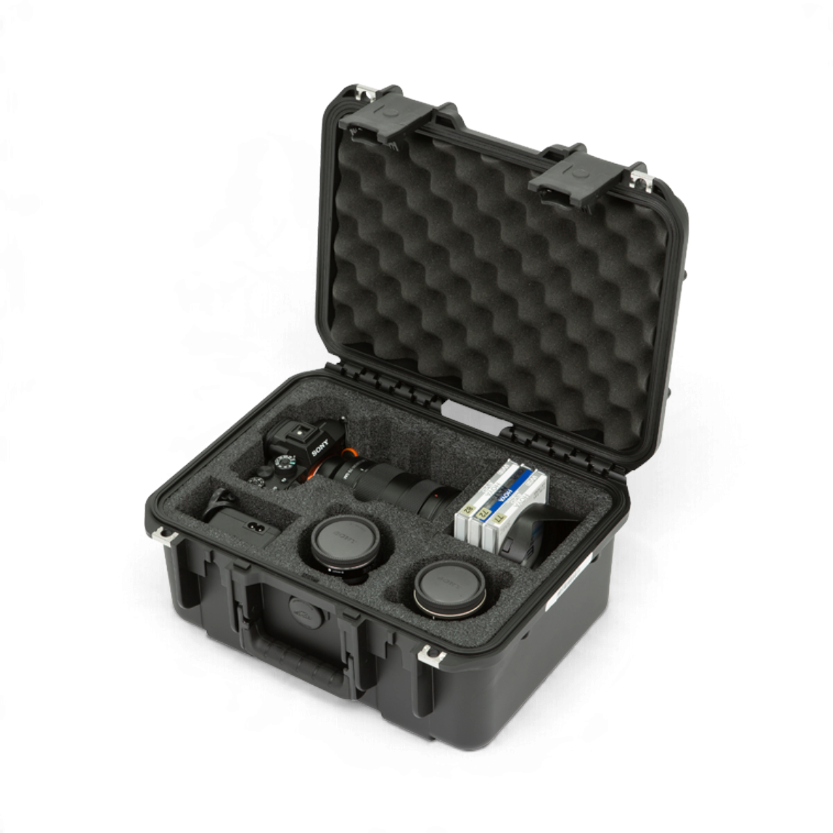SKB Cases iSeries waterproof hard case with custom foam interior holding a Sony camera, lenses, and accessories.