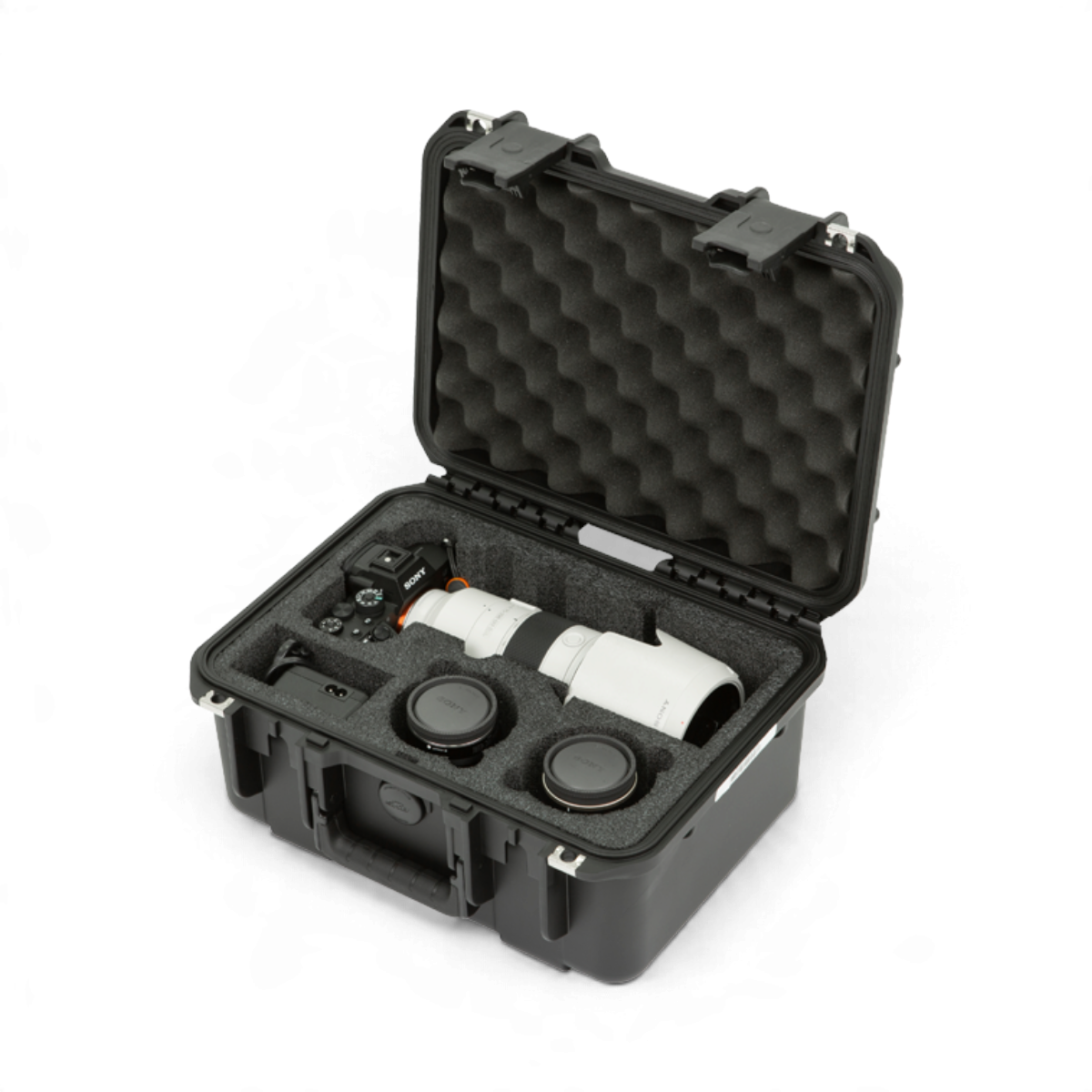 SKB Cases iSeries waterproof hard case with custom foam interior holding a Sony camera and lenses on a white background
