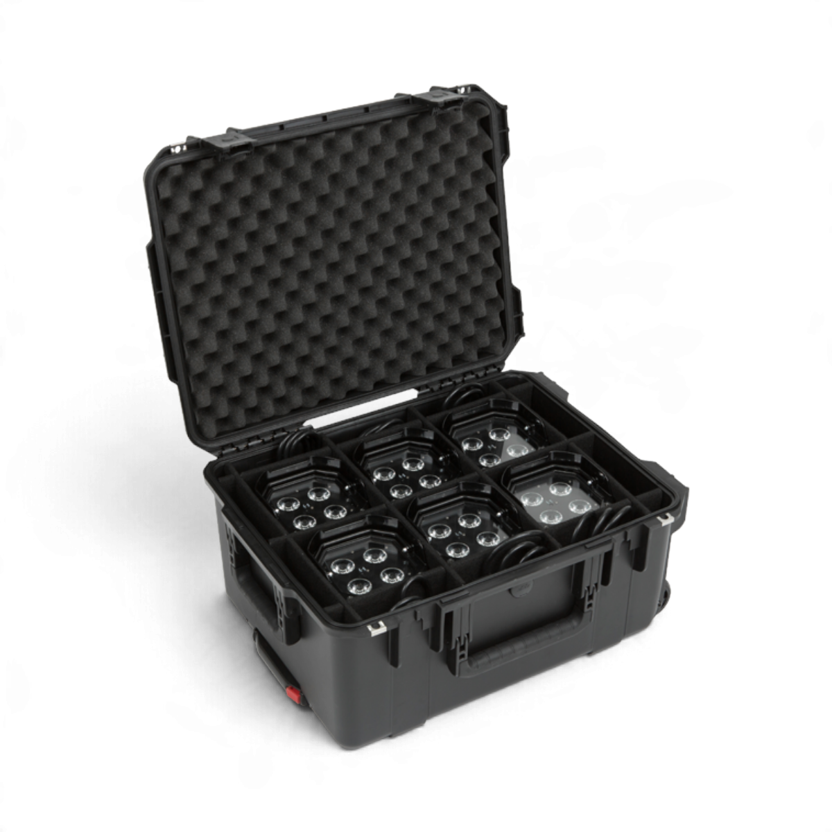 SKB Cases iSeries waterproof hard case holding six Chauvet Freedom Par lights with protective foam dividers