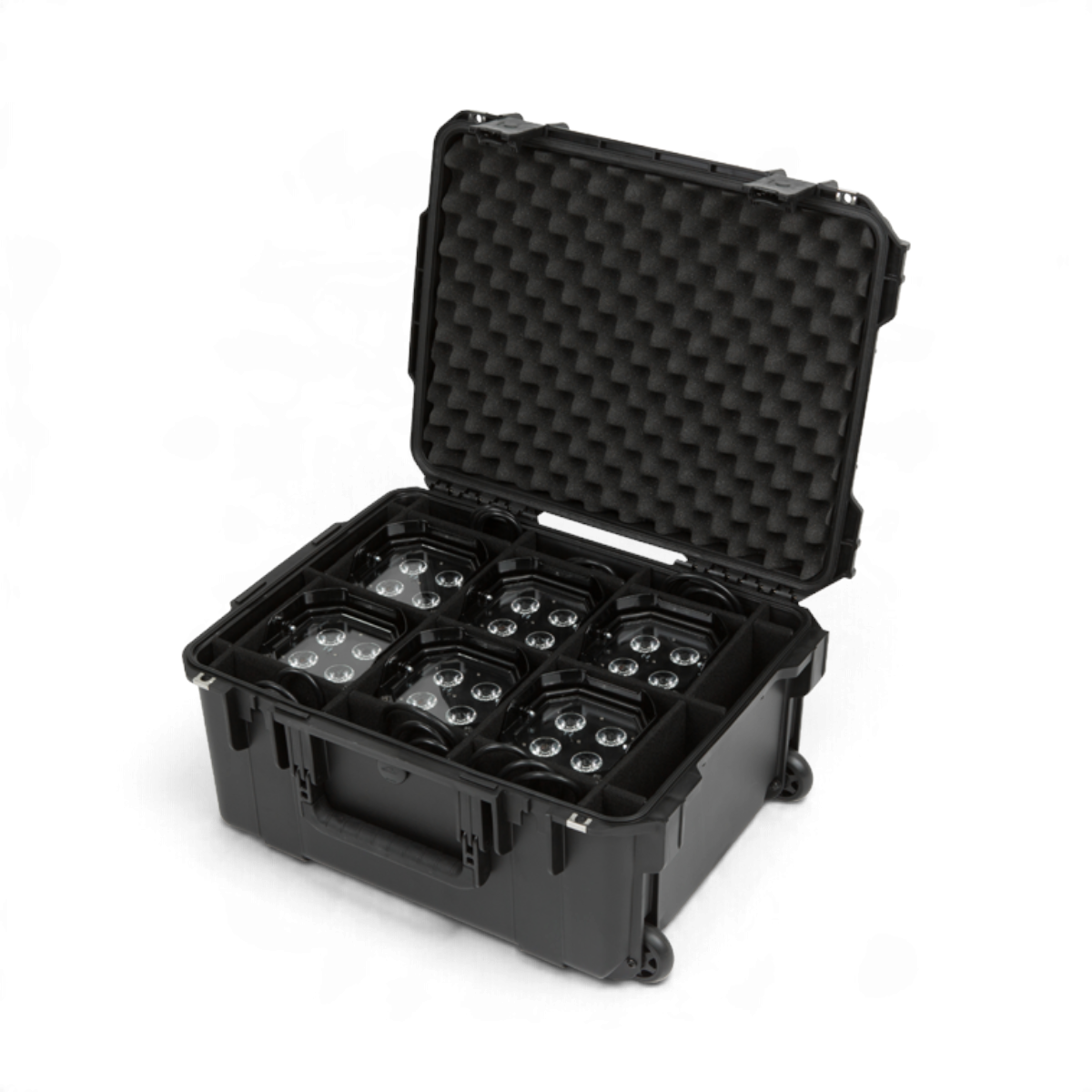 SKB Cases iSeries waterproof hard case holding six Chauvet Freedom Par lights with protective foam interior