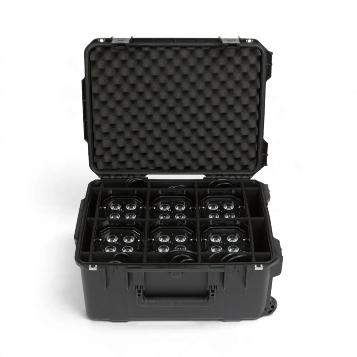 SKB Cases iSeries 2015-10 waterproof hard case holding six black Chauvet Freedom Par lights with foam dividers