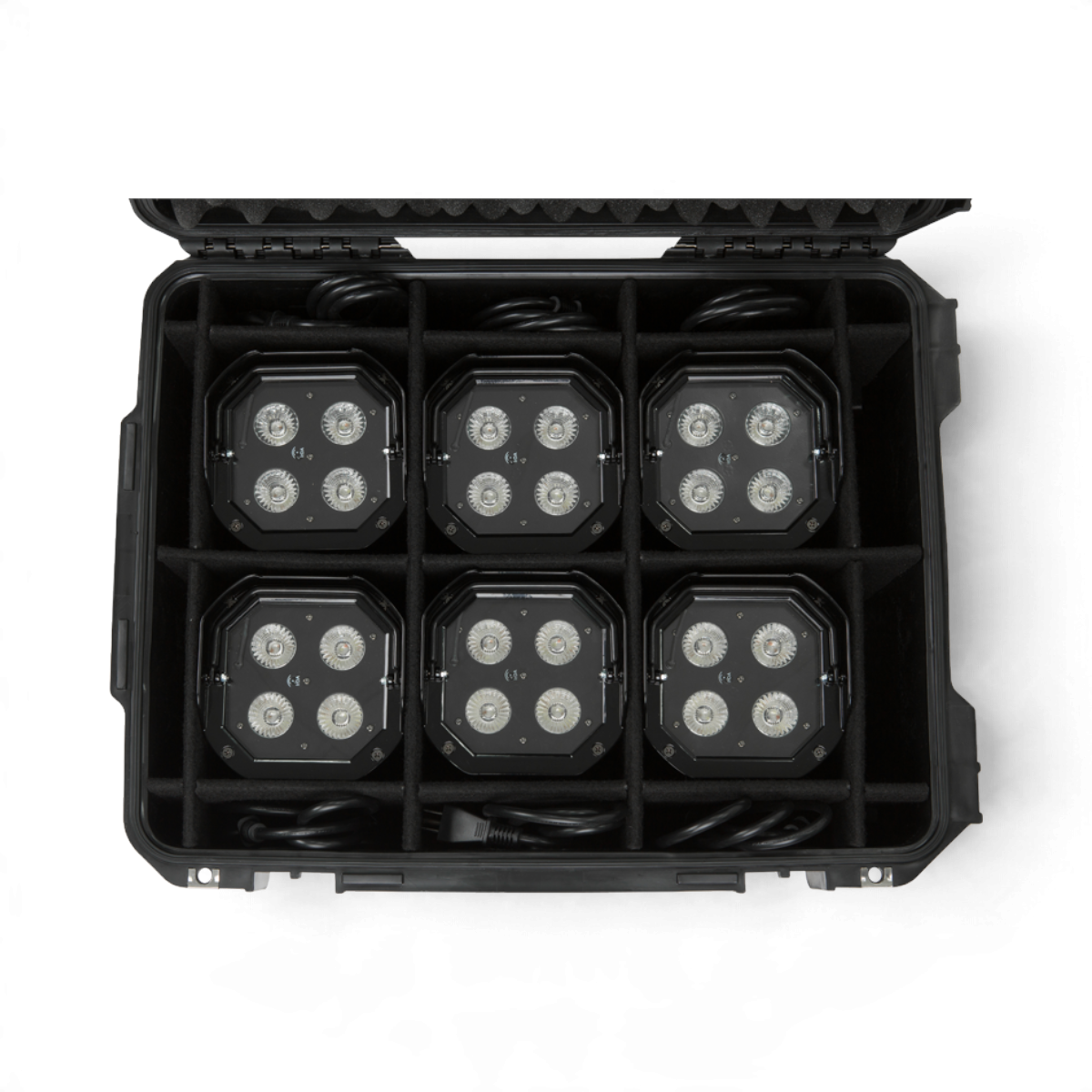 SKB Cases iSeries 2015-10 waterproof hard case holding six Chauvet Freedom Par lights with foam dividers and cables.