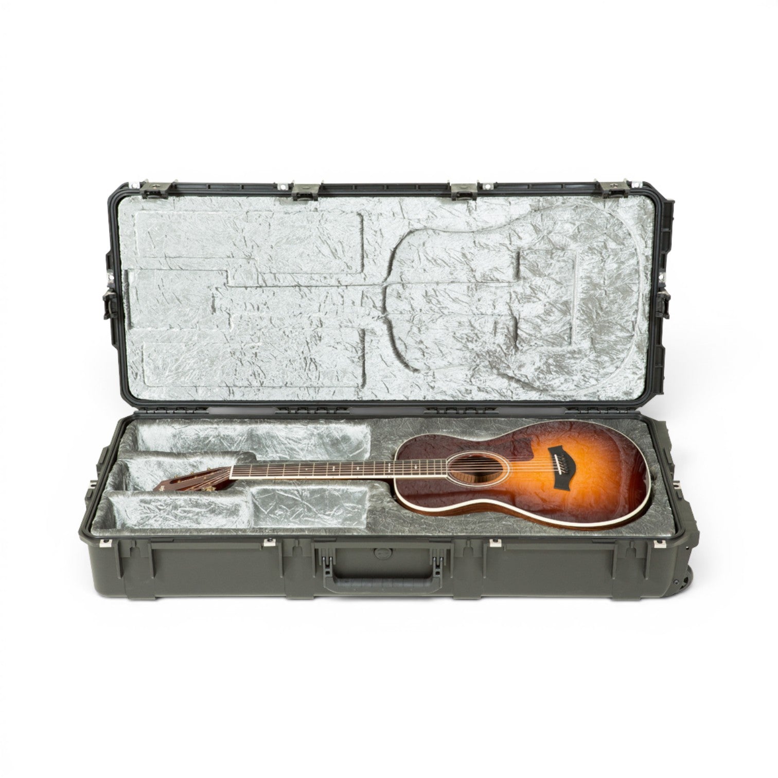 SKB Cases iSeries waterproof classical guitar case with platinum plush interior and sunburst acoustic guitar inside