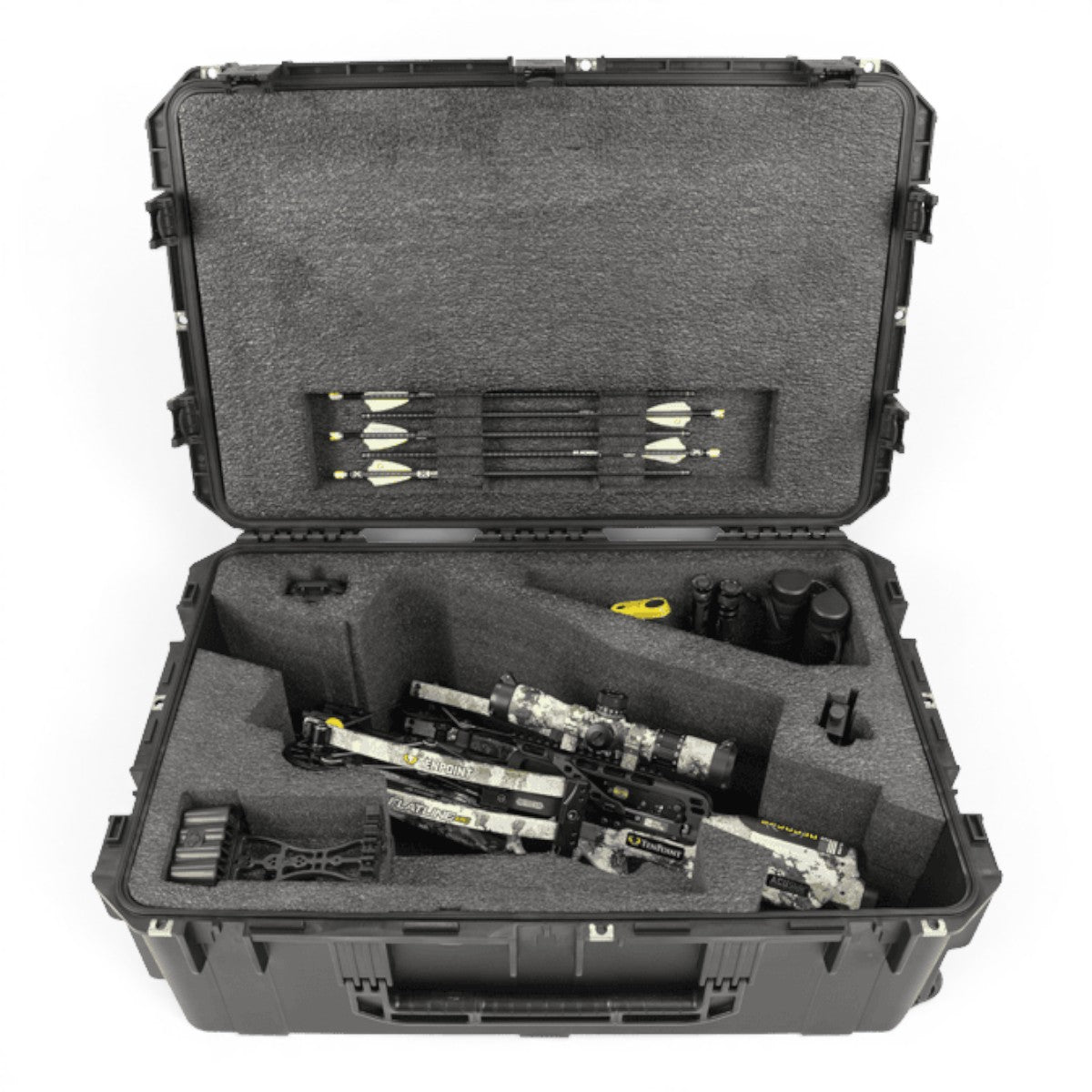 SKB Cases iSeries crossbow case with custom foam interior holding a TenPoint Flatline 460 crossbow and accessories.