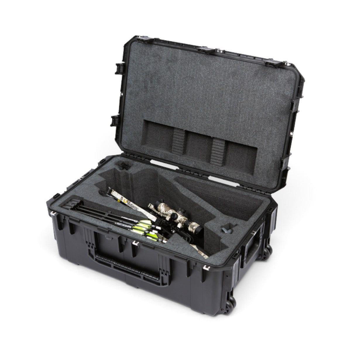 SKB Cases iSeries crossbow case with precision cut foam interior holding a TenPoint Havoc RS440 crossbow and arrows.