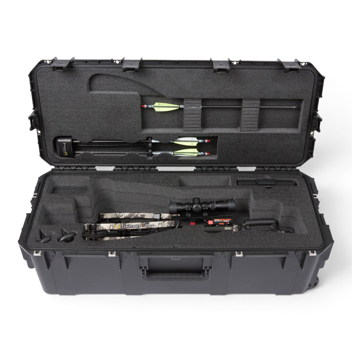 SKB Cases iSeries hard crossbow case with custom foam interior holding a TenPoint Nitro XRT and arrows