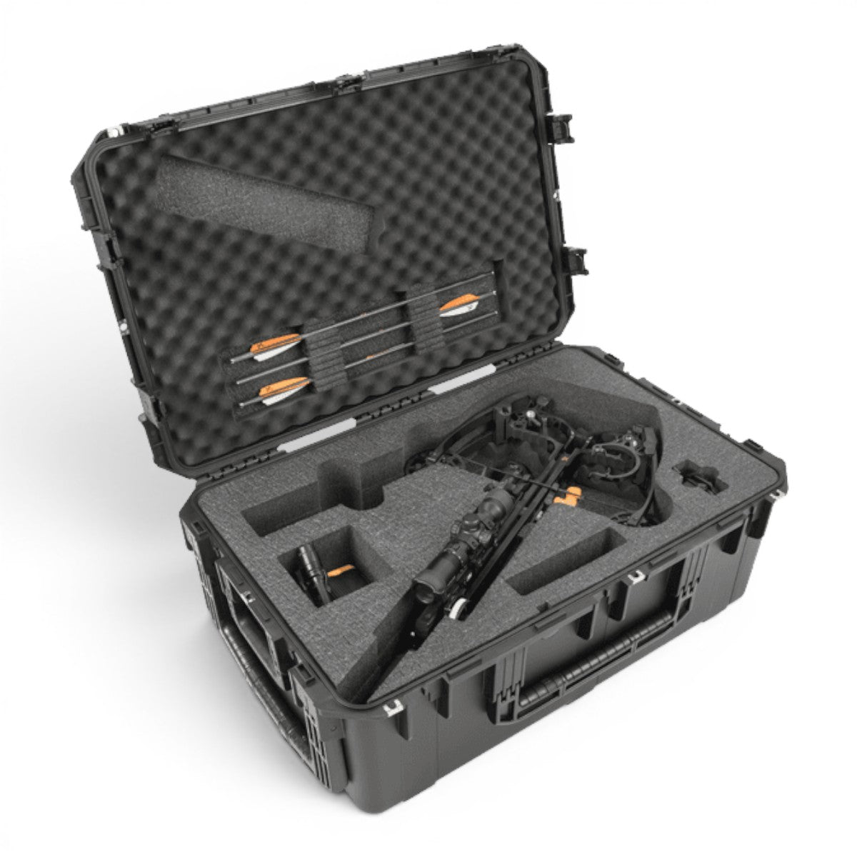 SKB Cases iSeries 3019-12 black waterproof crossbow case with custom foam interior for Mission Sub-1 and accessories.