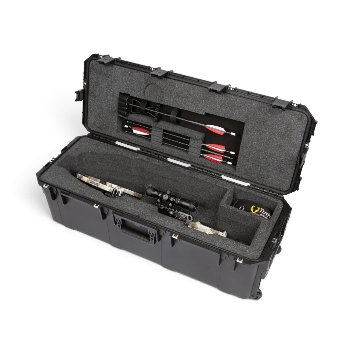 SKB Cases iSeries waterproof crossbow case with custom foam interior, holding a TenPoint crossbow and accessories.