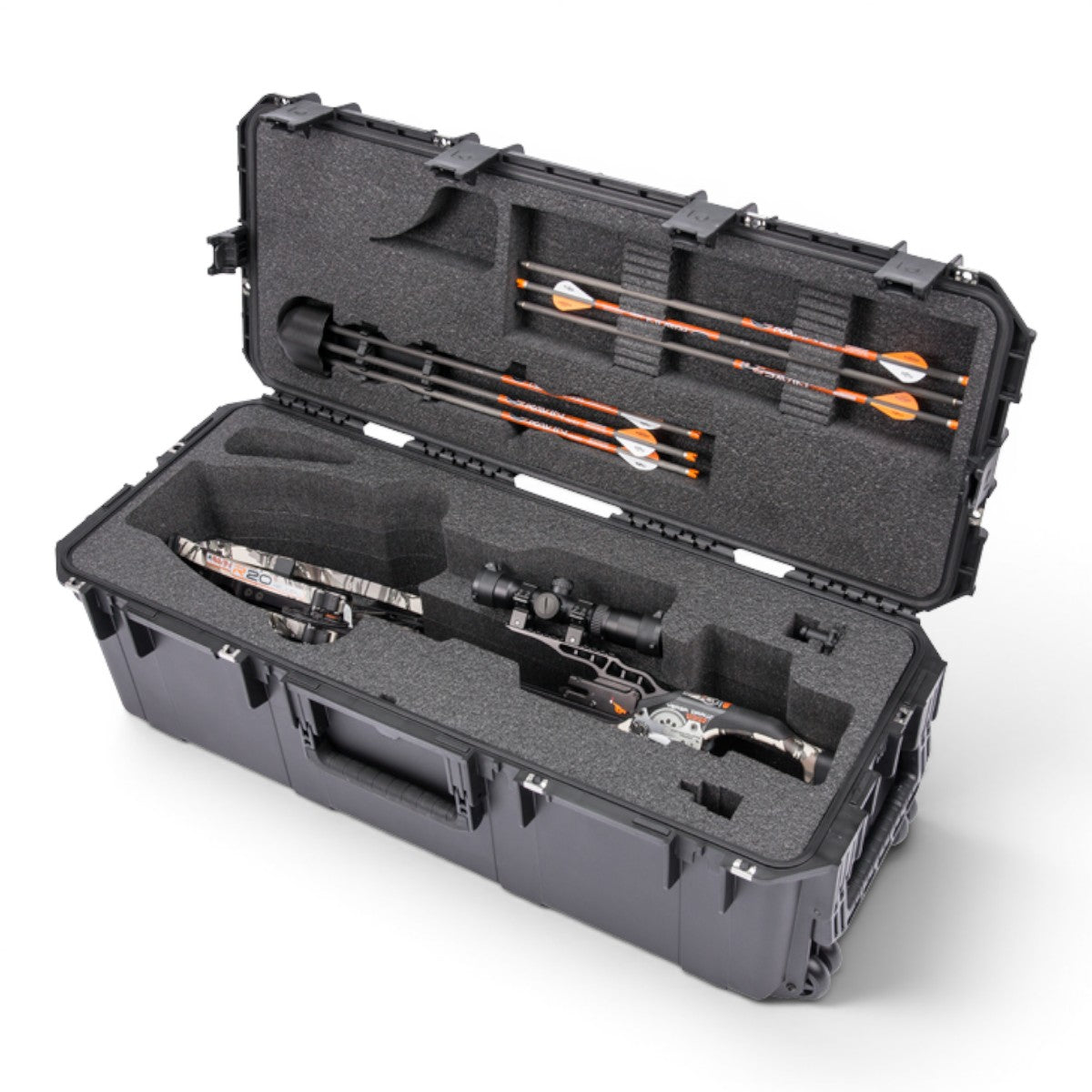 SKB Cases iSeries 3613-12 waterproof crossbow case with custom foam interior holding a crossbow and arrows.
