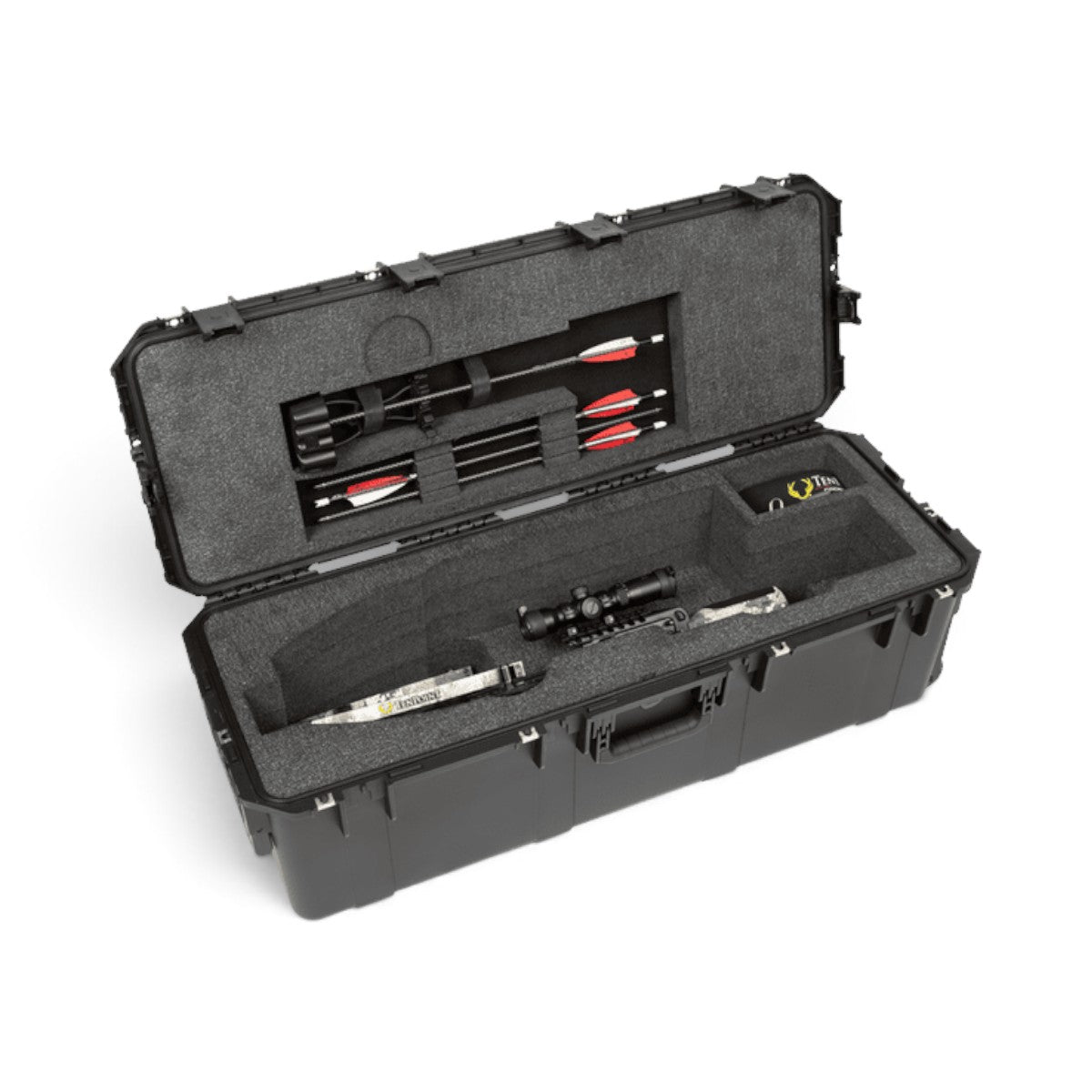 SKB Cases iSeries waterproof crossbow case with custom foam interior holding a TenPoint crossbow, quiver, and bolts.